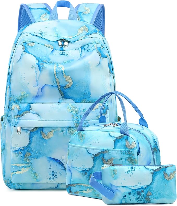 Bluboon Teen Girls School Backpack Kids Bookbag Set with Lunch Box Pencil Case Travel Laptop Backpack Casual Daypacks (Marble Gold blue)
