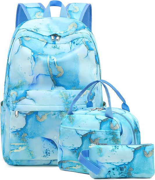 Bluboon Teen Girls School Backpack Kids Bookbag Set with Lunch Box Pencil Case Travel Laptop Backpack Casual Daypacks (Marble Gold blue)