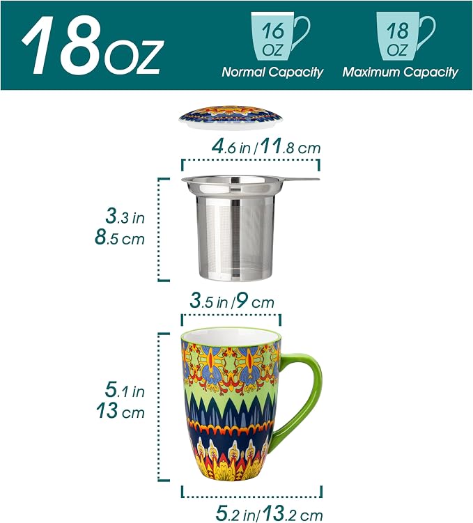 vancasso Ceramic Tea Cup with Infuser and Lid, 18 Ounce Tea Infuser Mug for Loose Leaf Tea, Microwave & Dishwasher Safe, Bohemian Mandala, Gift for Tea Lovers, Mint Petal Whirl