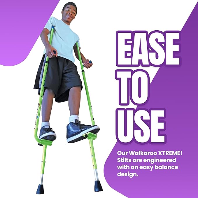Geospace Adjustable Walkaroo Xtreme Steel Stilts for Kids - Vert Lifters Indoor/Outdoor Play, Exercise, Steel Stilts for Adults- Up to 250 lbs, Height Adjustable Walking Stilts, Kids Stilts - Green