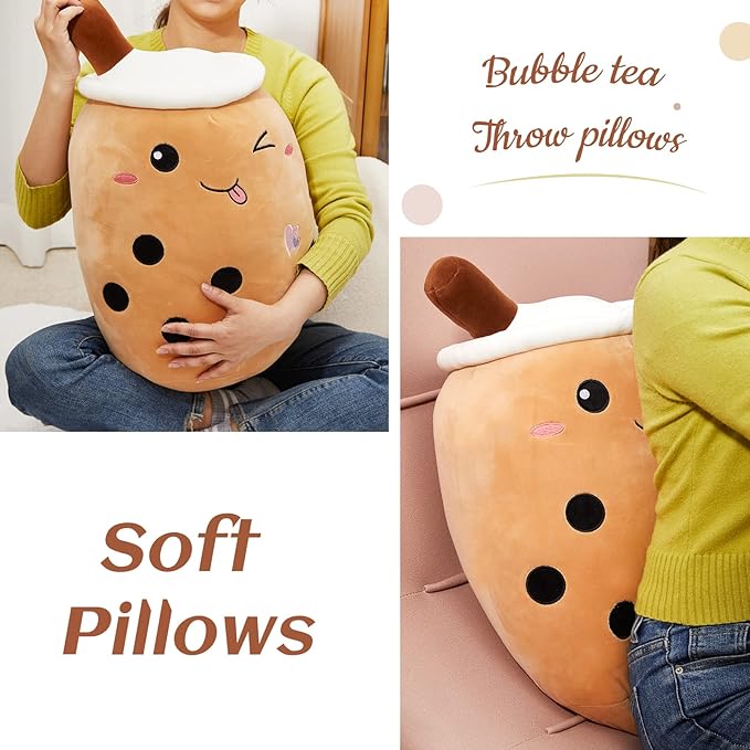 Athoinsu Cute Boba Milk Tea Plush Pillow 20'' Giant Chocolate Kawaii Stuffed Bubble Animal Toy Birthday Christmas Holiday Valentines Gifts for Kids, Girls, Boys
