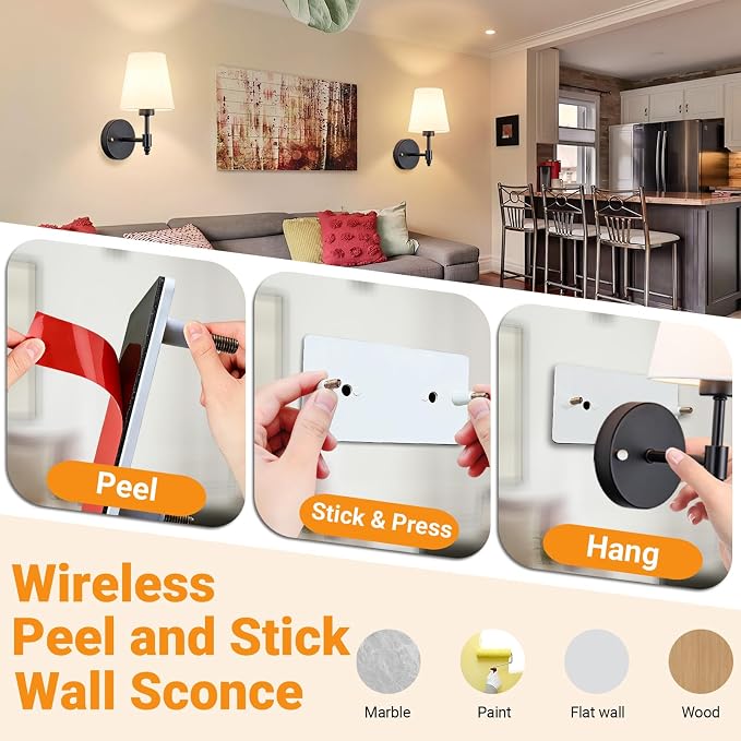 Nekhung Battery Operated Wall Sconce, Peel and Stick Sconces Set of 2 | Wireless Adhesive Stick On Wall Sconce, 10000mAh Rechargeable RGB Bulb with Remote, No Drill Wall Light for Bedroom Decor