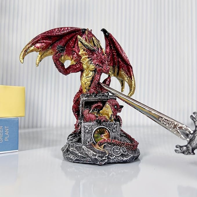 Dragon with Sword Collectible Statue Fantasy Figurine Resin Medieval Dungeons Creative Ornaments for Home,Shelf,Living Room Decor 7.68 Inches (Red)