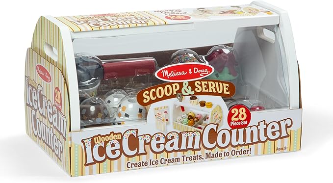 Melissa & Doug Wooden Scoop & Serve Ice Cream Counter, Pretend Play Store, 28 Toy Food & Play Kitchen Accessories, Preschool Toys for Girls & Boys 3+