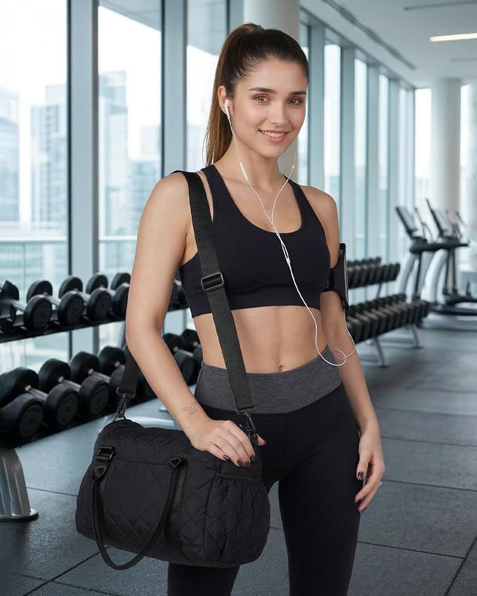 Gym Bag for Women with Yoga Mat Holder, Small Mini Gym Tote Bag Puffy Quilted Lightweight Sports Duffel Bag with Wet Compartment for Dance Yoga Workout Travel - Black