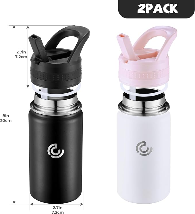 2 Pack Kids Water Bottle,14oz Stainless Steel Insulated Water Tumbler Leak-Proof,School Water Mug,Small and Portable,Suitable for Boys and Girls to Use(Black + White)