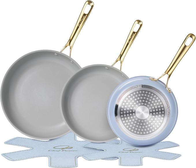 Chef Power Ceramic Frying Pan with Stainless Steel handle 5Pcs Set, Non Stick Grill Pan Set, Dishwasher and Oven Safe, Blue Gray and Granite Grey
