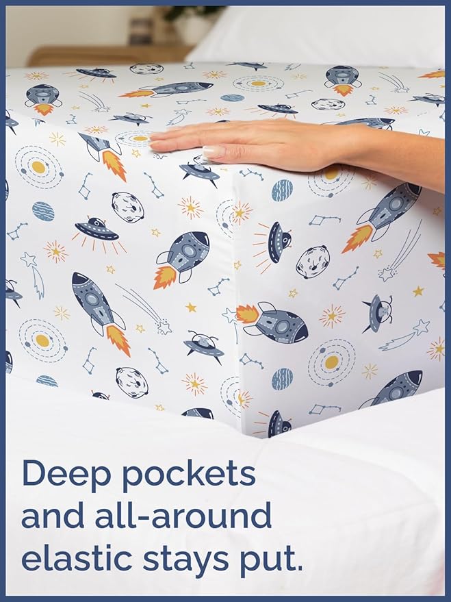 Kids Twin Size Bed Sheet Set - 3 Piece Kids Loft Bed Sheets - Space Galaxy Theme bedding - Soft, Cute - Breathable and Machine Washable - Spaceship Rocket Bed Set for Boys, Girls, Teens and Toddlers