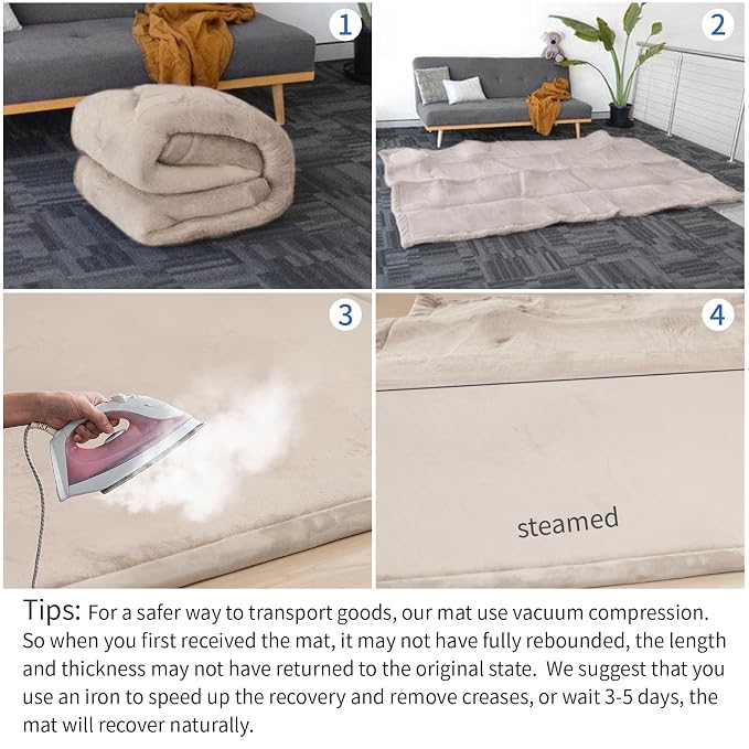 Ultra Soft Baby Play Mat for Floor, 1.3" Thick Elasti-Foam 65x50 Play Mat for Playpen,Water-Repellent Coral Velvet for Tummy Time, Non-Slip Backing,Safe for Toddlers & Infants（Beige）