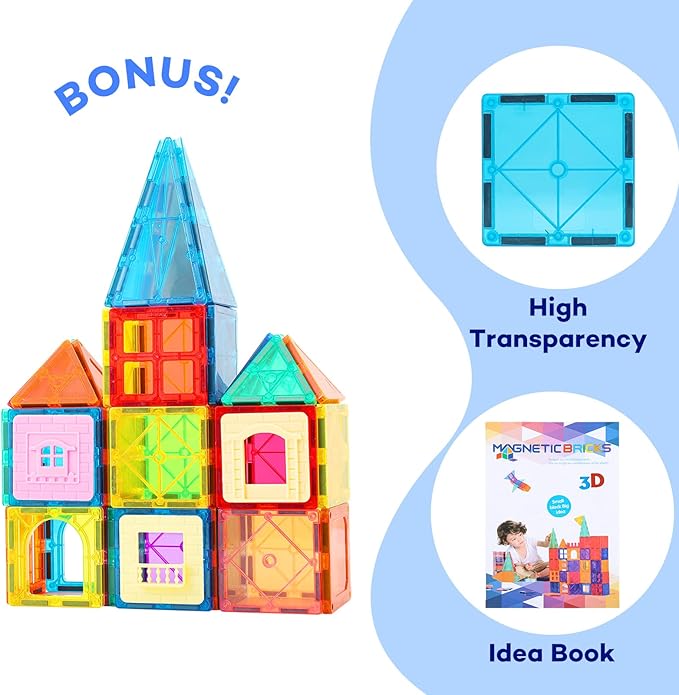 Magnetic Tiles, 63PCS Magnetic Blocks for Kids, Magnet Building Set, Construction Building Set,STEM Sensory Educational Toys Gift for Toddlers Kids 3 4 5 6 7 8 9 Year Old