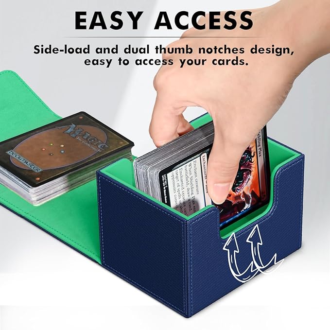 ZLCA Card Deck Box for Trading Cards, MTG Commander Deck Box Holds 120+ Single Sleeved Cards, Leather Magnetic Card Storage Box Fits for TCG CCG Magic Cards (Blue&Green)