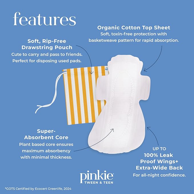 Pinkie Period Starter Pads - Designed for Smaller Underwear - Organic Cotton Topsheet Tween & Teen Pads with Wings - Chlorine Free & Fragrance Free - Teen Overnight, 16 Count