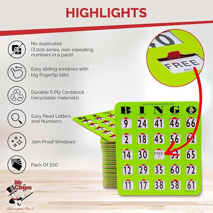 MR CHIPS Jam-Proof Easy-Read Large Print Fingertip Bingo Cards with Sliding Windows 100 Pack in Green Style