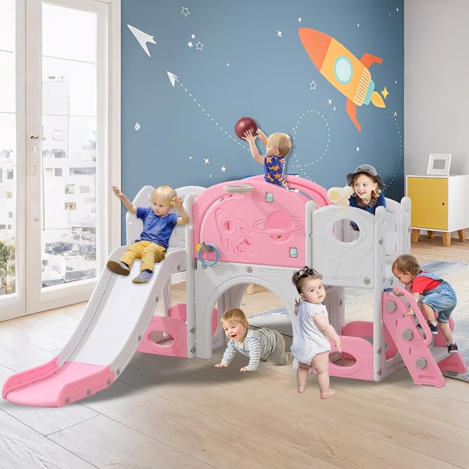 12 in 1 Toddler Slide, Astronaut Themed for Baby Slide Toddlers Aged 3+, with Astronaut,Telescope, Basketball Hoop and Ring Toss, Toddler Playset Pink Gray Combo