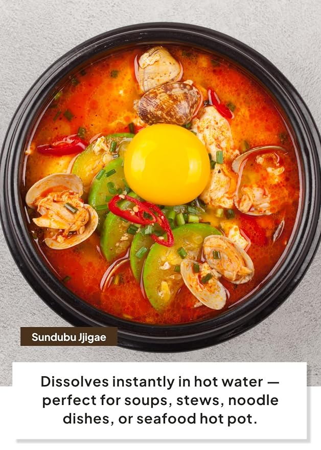 Korean Food O'Food Seafood Spice Mix, Soup Base Powder with Anchovy, 250g | Korean seafood soup base powder with anchovy, crab, shrimp, and vegetables for rich umami flavor in soups and noodles.