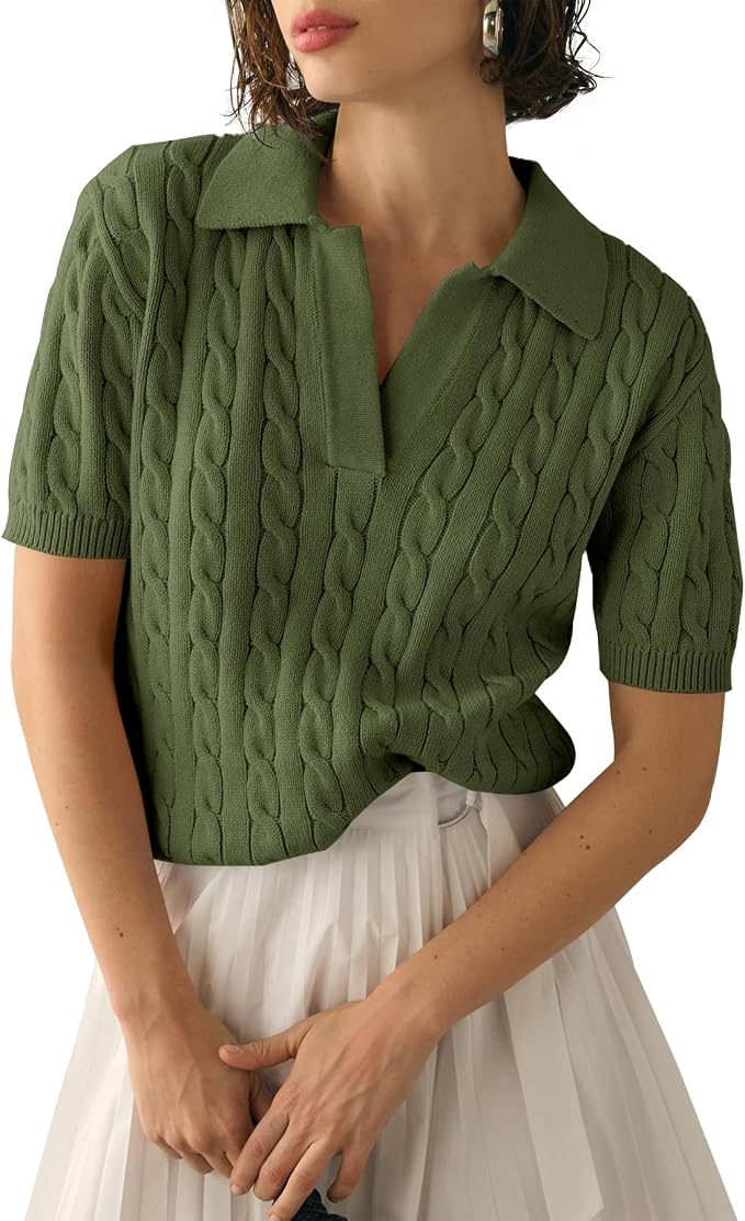 Imily Bela Womens Cable Short Sleeve Sweaters Tops Lapel V Neck Knit Shirt | Solid,Knit Casual,Soft Pullover,Fall Sweaters,Womens Summer Work Tops