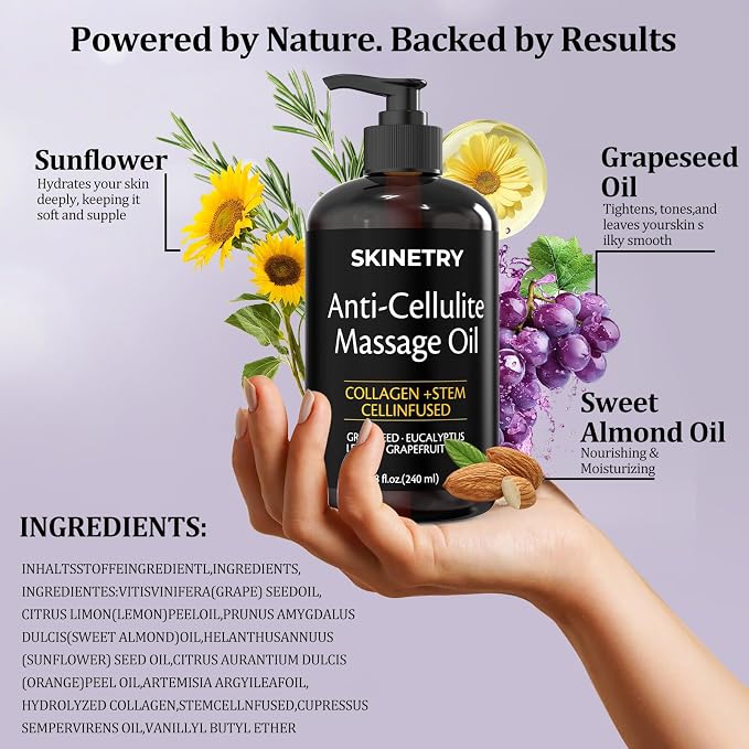 Anti Cellulite Massage Oil Nourish Your Skin & Senses – Firming Body for Smoothing Cellulite & Improving Texture. Silky, Fast-Absorbing Formula with Collagen & Stem Cell – 8 Fl Oz