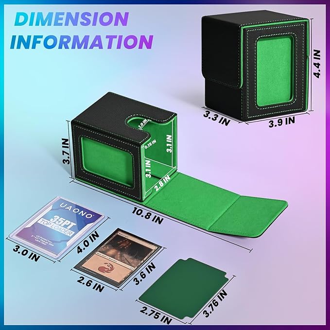 UAONO Card Deck Box with MTG Commander Display, Deck Case Holds 100+ Double-Sleeved Cards, Trading Card Storage Box Fits TCG/PTCG/Sports Card with 2 Dividers, 1 Top Loaders (Black, Dark Green)