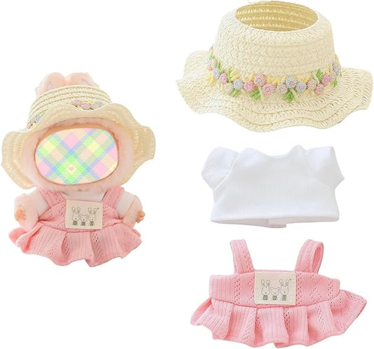 Clothes for Dolls Accessories (No Doll), Kawaii Shirt Skirt Outfit Set 3 Pieces for 15cm 17cm Doll Suit, Stylish Dolls Hat Shirt Clothing Set Replacement Pink