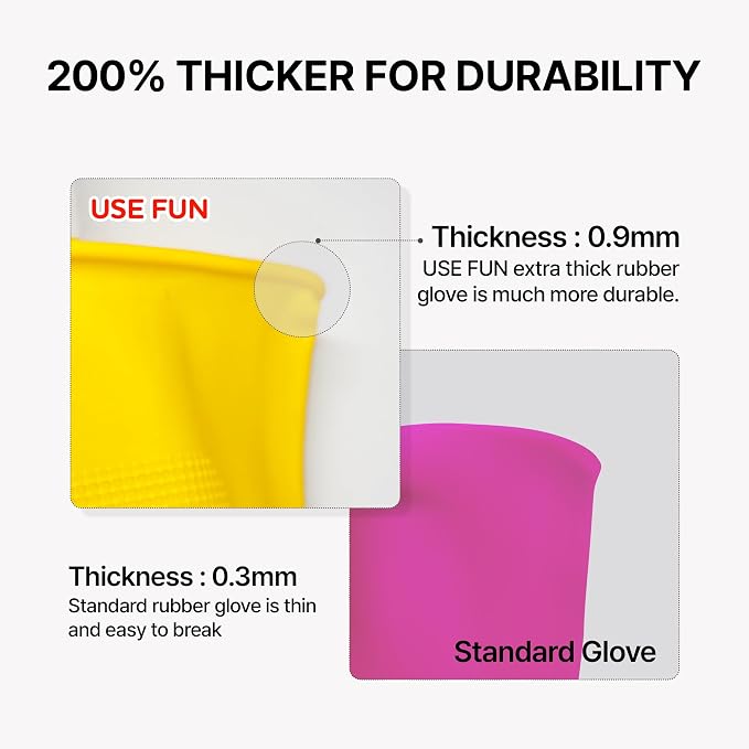 USE FUN Kitchen Rubber Gloves – 100% Natural Latex, Durable Non-Slip Waterproof Dishwashing Gloves, M/L/XL