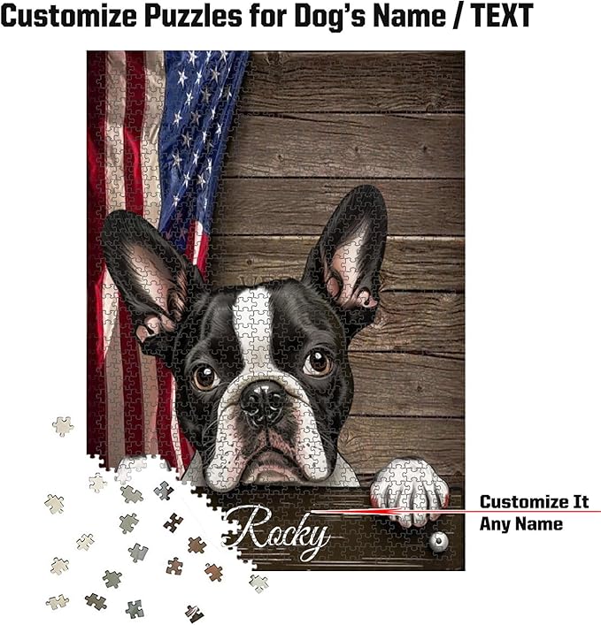 Custom Wooden Jigsaw Puzzles with Your Dog's Name on Boston Terrier Art Print - 300 500 1000PCS Puzzles Game and Home Wall Decor