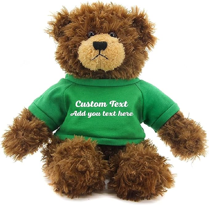 Customized Chocolate Brandon Bear - 12 inch Personalized Stuffed Bear Plush Toy - Perfect Custom Shirt Bear Gift for Graduation Valentines Graduation Easter Holidays (Green Shirt)