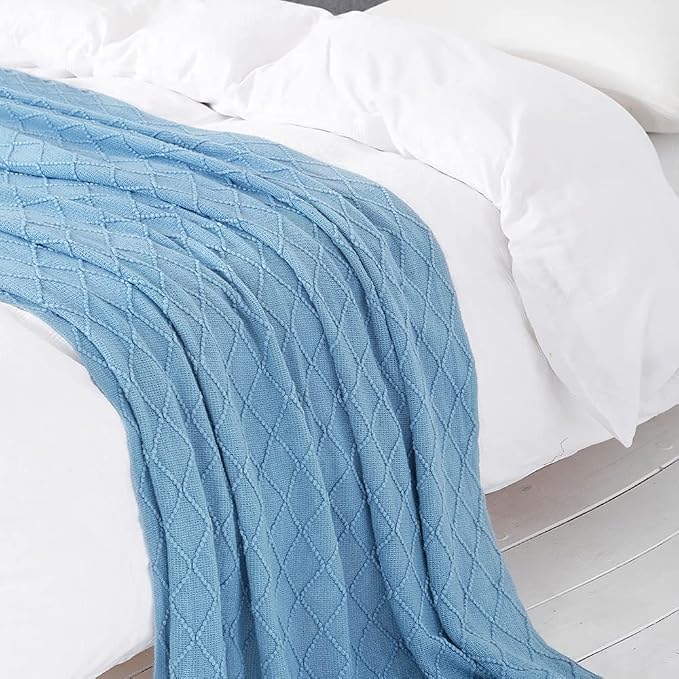 BOURINA Blue Throw Blanket 50x90 Inch Boho Knitted Soft Throw Sofa Blanket | Knitted Throw Blanket 50x90 Inches, Soft Lightweight Boho Weave Throw Decorative Couch Blanket for Living Room Bed Runner