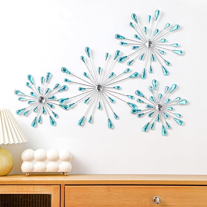 Hicarer 4 Pcs Starburst Wall Decor Bling Wall Art Crystal Teardrop 3D Hanging Rhinestone Radial Metal Artwork Modern Accent Sculptures Decorations for Living Room Home Office Bedroom(Blue)