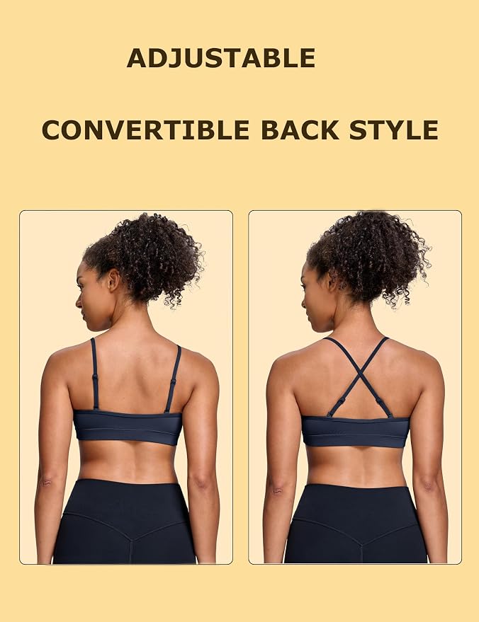 Oalka V Neck Sports Bra for Women Adjustable Padded Thin Straps Wireless Yoga Bras