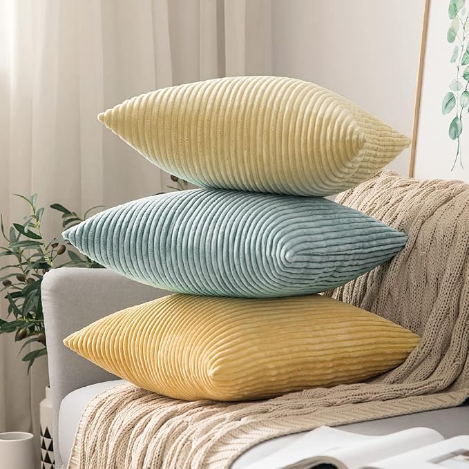 MIULEE Decorative Corduroy Throw Pillow Covers Set of 2 18x18 Mint | Soft Striped Textured Cushion Cases, Boho Energetic Vibe Pillowcases for Home Decor, for Couch Chair Sofa Bed Living Room