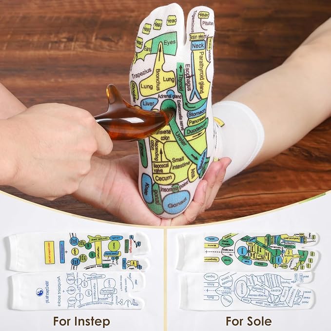 Reflexology Socks Set with Gloves Tools, 2 Pairs Massage Socks Chiro Acupressure Acupuncture Trigger Point 3pcs Tool Comb Gua Sha Foot Hands Head Pain Relief Acupoint Gifts for Women F