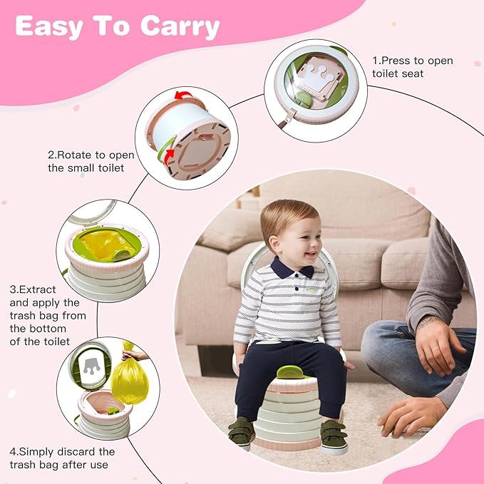 2025 Upgraded Portable Potty Training, Foldable Toilet,Travel Potty for Toddler, Apply to Seat Emergency Toilet for Camping, Outdoor, Car, Indoor, Including 3 rolls of garbage bags (White-Pink)