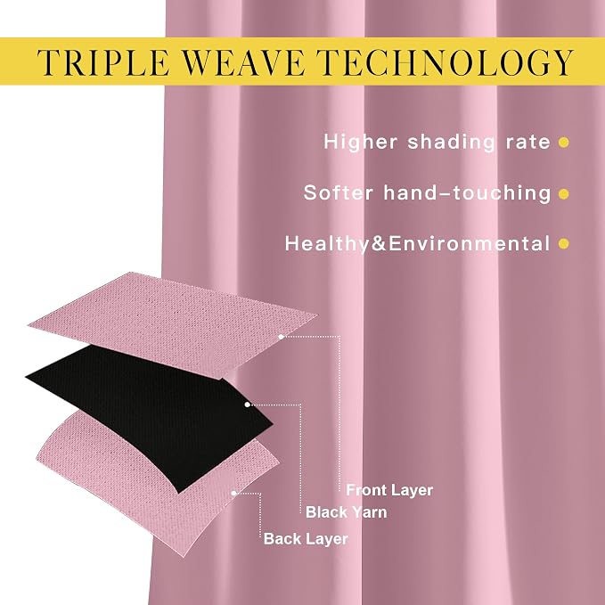 NICETOWN Blackout Curtains for Kids Room - Triple Weave Microfiber Home Thermal Insulated Solid Ring Top Blackout Panels/Drapes for Bedroom(Crystal Pink, Set of 2, 52 x 63 Inch)