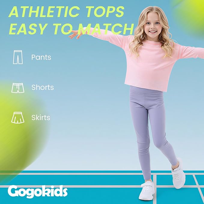 Gogokids Girls Shirts Long Sleeve Athletic Shirts Open Back Tops Active Sports Tshirts Yoga Workout Crop Tees 5-14 Years