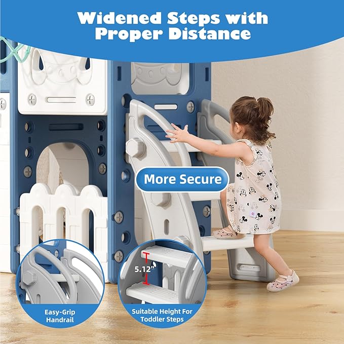Glaf 9 in 1 Toddler Slide Outdoor Playset Playground Baby Kids Indoor Slides for Toddlers 1-3 with Climber Basketball Hoop Drawing Board and Storage Space (Blue)