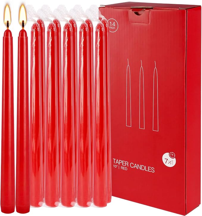 WPONSZU 14 Pack Tall Red Taper Candles 10 Inch Unscented Dripless Candlesticks for Christmas,Valentine's Day,Dinner,Party,Brithday,Wedding and Home Decoration - 8 Hour Burn Time.