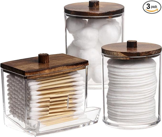 Tbestmax 3 Pack Qtips Holder Bathroom Container, 10 oz Cotton Ball/Swabs Dispenser, Apothecary Jar Organizer for Storage Brown Wood Lids
