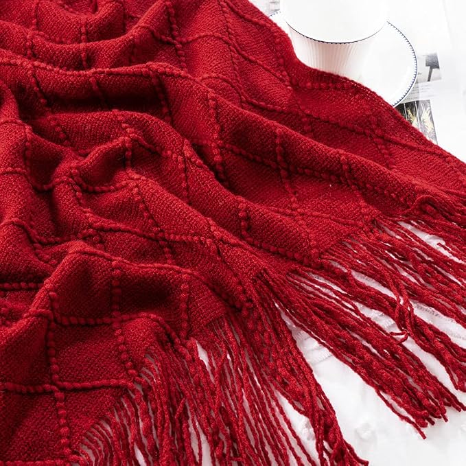 BATTILO HOME Red Throw Blanket Large Fringe Fall Throw Knitted Bed Throws for Couch Sofa Indoor Outdoor, Red, 52 x 80 in.