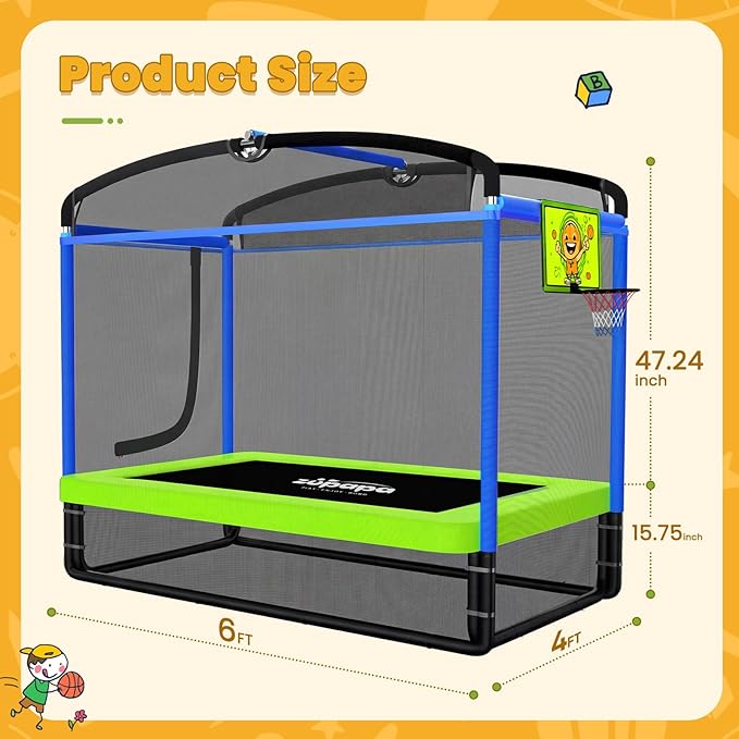 Zupapa Rectangle Kids Trampoline 6FT with Basketball Hoop, and Safety Net - Indoor/Outdoor Heavy-Duty Square Trampoline for Toddlers Ages 3-6, 220LBS Capacity