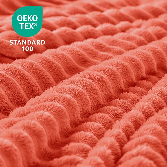 BEDELITE Ribbed Jacquard Coral Red Fleece Twin Blanket for Bed, 60x80 Inch | Soft Warm Decorative Fluffy Blanket, Cozy Plush Lightweight Fuzzy Throw Blanket for Couch Sofa Room Decor, Gift for Women