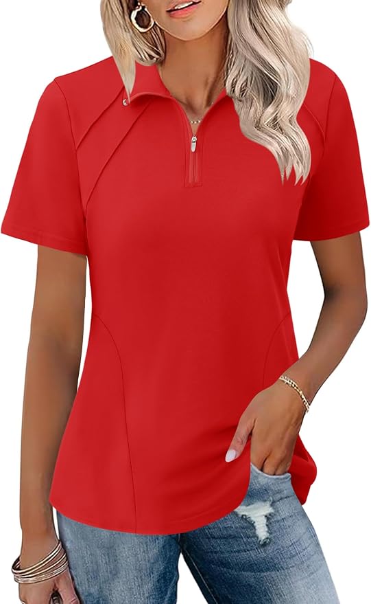 LOMON Womens Golf Polo Shirt Summer Short Sleeve Quarter Zip Outfit | Side-Pockets,Princess Seams,Cotton,Wrinkle Free,Moisture Wicking,Quick-Dry,Lightweight,Collared,for Tennis Workout