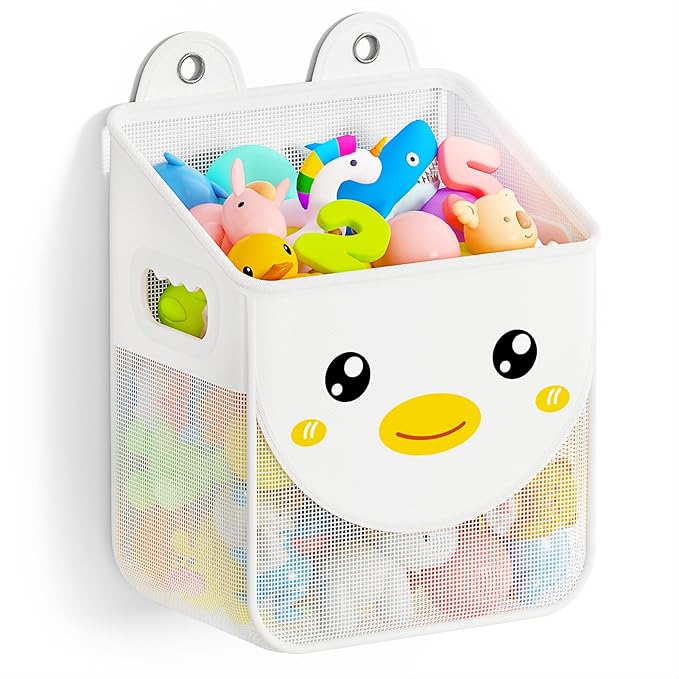 Ligereza Quick Fetch Way Bath Toy Storage, Cute Mesh Bath Toy Organizer, Large Capacity and Large Opening Baby Bathtub Toy Holder for Tub, Multipurpose Mesh Shower Bag (White)