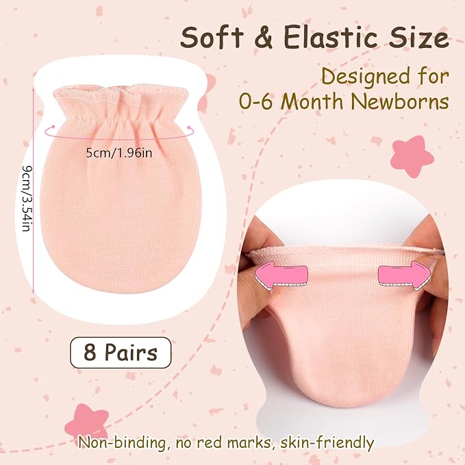 8 Pairs Baby Mittens No Scratch, Skin-friendly Cotton Newborn Infant Gloves, Baby Girl Boy Must Haves Essentials 0-6 Months