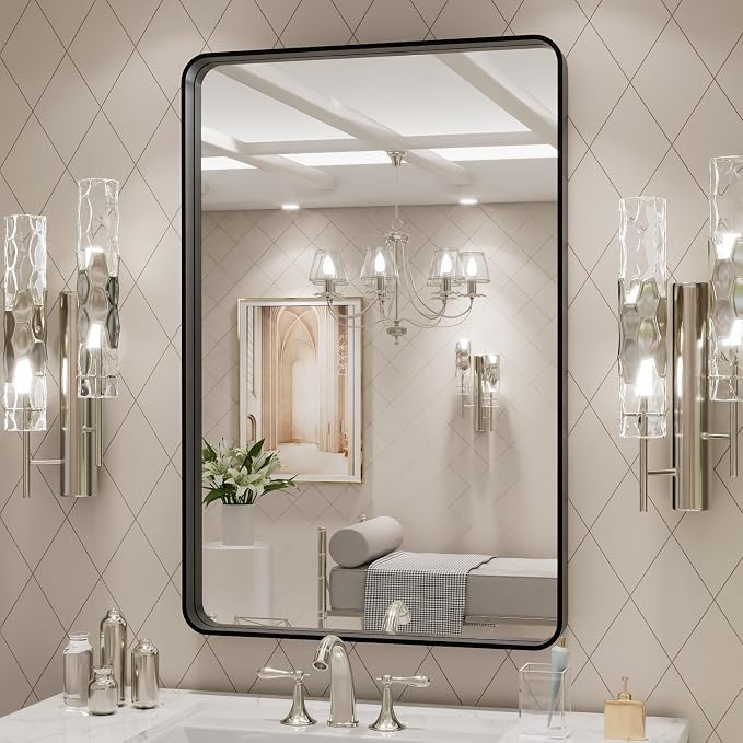 LOAAO 24X30 Inch Black Metal Framed Bathroom Mirror | Matte Black, Rounded Rectangle, Anti-Rust, Hangs Horizontally or Vertically
