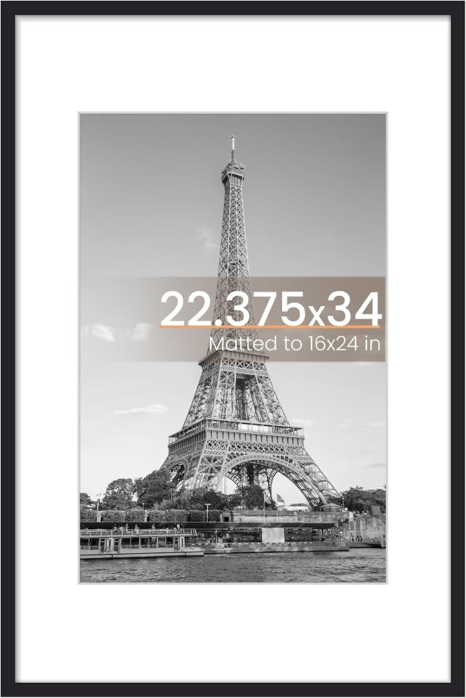 upsimples 22.375 x 34 Poster Frame, Display Pictures 16x24 with Mat or 22.375x34 Without Mat, Wall Hanging Photo Frame, Black, 1 Pack