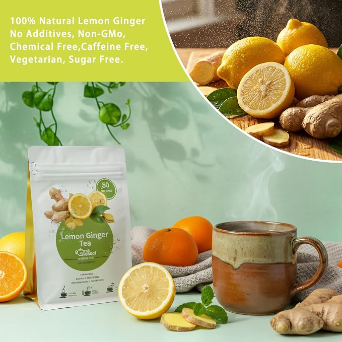 Samcci - Lemon Ginger Tea Bags, 50 Teabags - Great Hot or Iced – Aromatic, Natural, Pleasantly Spicy & Warming - Non-GMO - Caffeine-free - Support Healthy Digestion & Boost Immunity