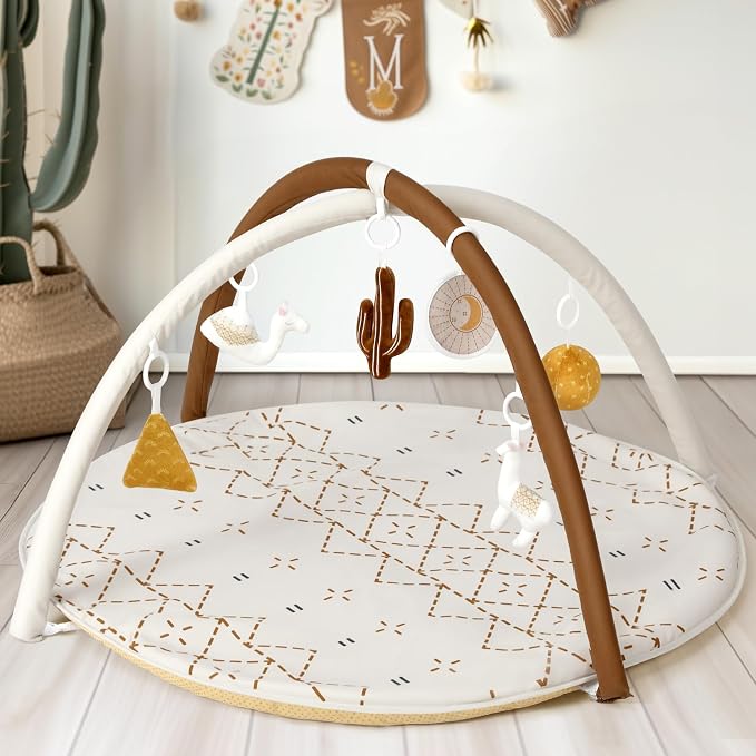 Tummy Time Activity Mat, Macrame Baby Play Gym Mat with 6 Detachable Toys and 12 Milestone Cards for Stage-Based Sensory and Motor Skill Development, Washable Play Mats for Infant, Non Slip Play Mat