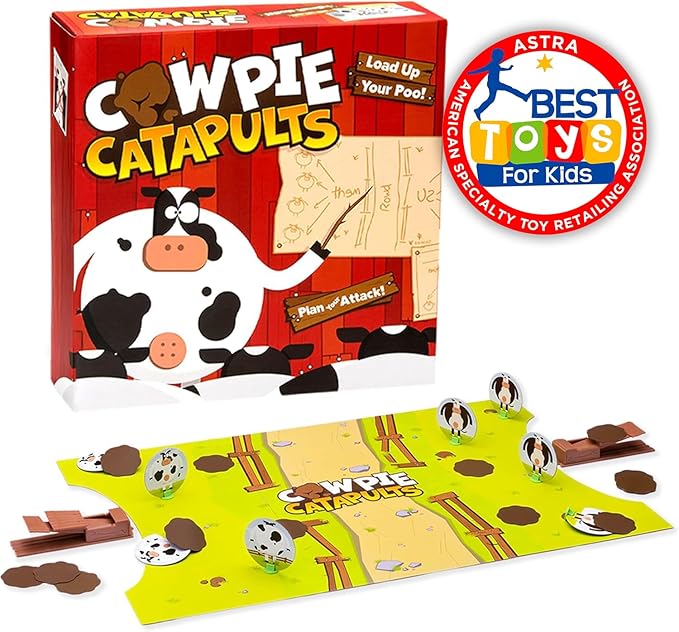 Cowpie Catapults - Launch Poop with a Catapult to Knock Over Cows, Last Moo Standing Wins, Easy to Learn, Cow Tipping Funny Kid Family Board Game, Age 6+