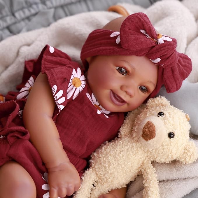BABESIDE 2 Pcs Reborn Baby Doll Clothes with Headband for 17-22 Inch Dolls, Floral Patterns Reborn Baby Doll Accessories Set for Newborn Babydolls, Wine Red
