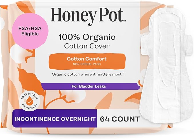The Honey Pot Company – Incontinence Pads for Women - 64ct- Non-Herbal Overnight - Bladder Leak Control - Organic Cotton Cover & Ultra-Absorbent Pulp Core - Feminine Care